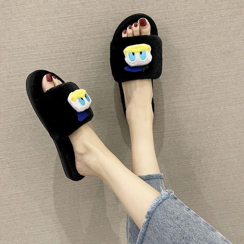 Home Indoor Cartoon Plush One-word Student Cotton Slippers 2025 Autumn and Winter New Internet Celebrity Fluffy Slippers Women