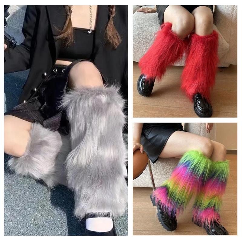 Harajuku Punk Fuzzy Leg Warmers for Women Soft Thickened Plush Boot Cuffs Covers for Winter Fashion and Costume Parties