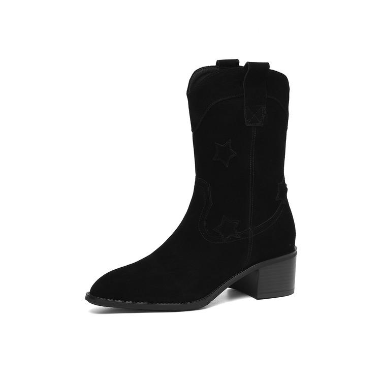 

Fashion NEW Autumn Women Boots Pointed Toe Chunky Heel Shoes Cow Suede Leather Shoes Women Appliques Slip-on Western Boots Daily Shoes 34