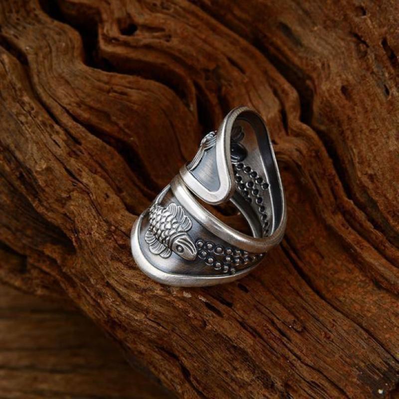 Adjustable Wide Band Ring Men Women Sterling Geometric Fish Motif Vintage Style Unisex Finger