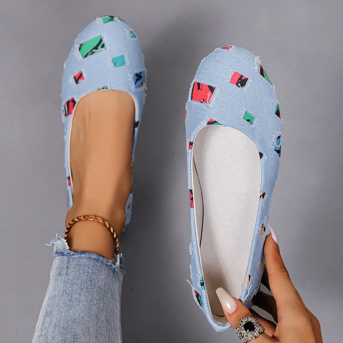 

Модные туфли-лодочки из денима большого размера для внешней торговли на низком каблуке, женские туфли-дудоу с круглым носком, полые, с цветовой блокировкой 36 светло-синий