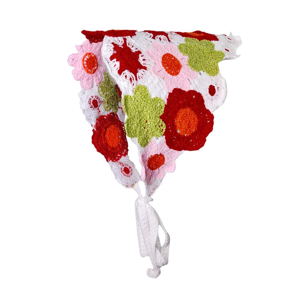 Fashion Knitted Headscarf Hat French Pastoral Style Triangle Headband Handmade Crochet Headband Towel Little Flower Headscarf