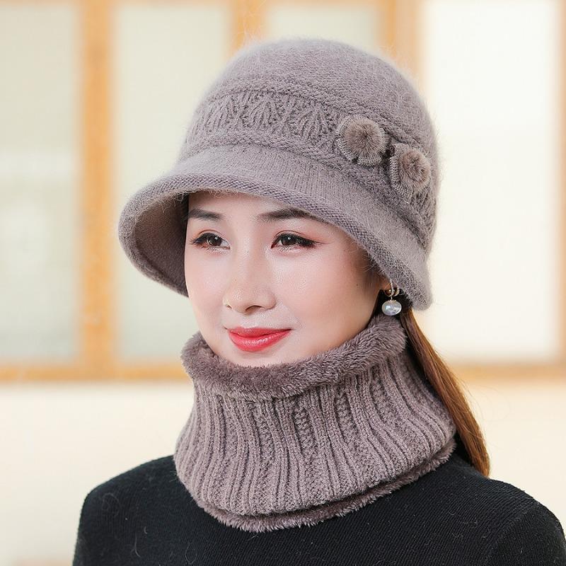 Winter Middle-aged Elderly Mothers' Hats Rabbit Fur Plush Thick Knitted Basin Hats Warm Windproof Hats Neckband Kit