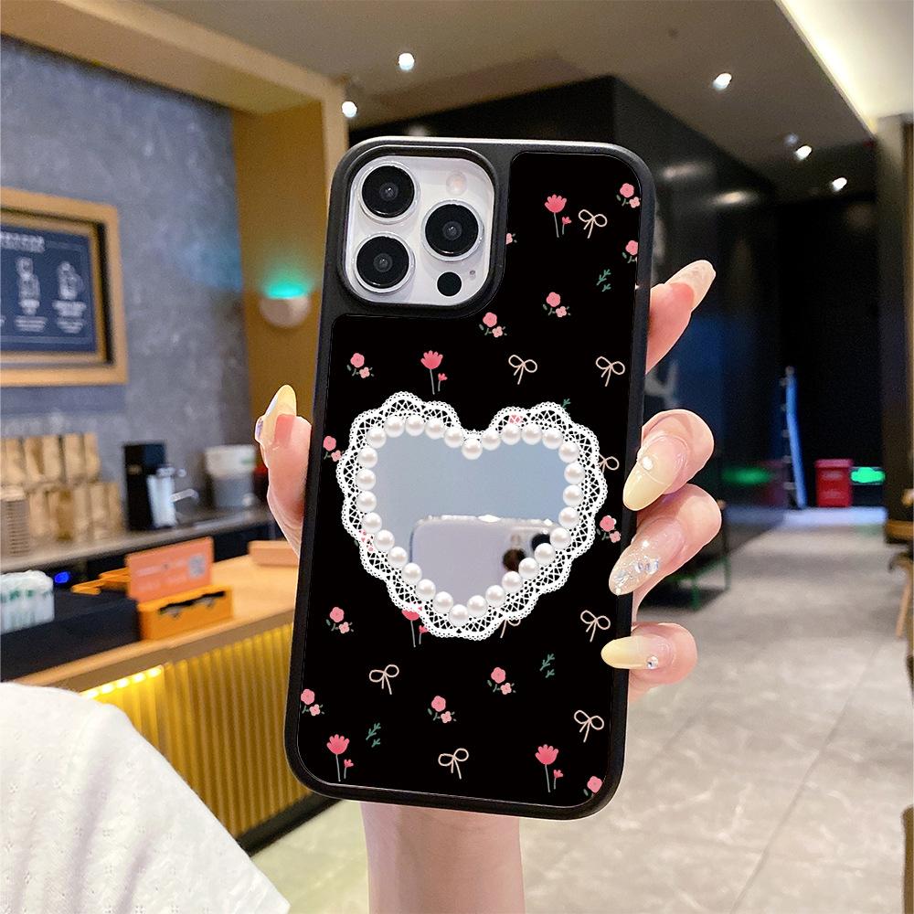 Huaqiang North French Love Pearl Bow Mirror Apple 17PM Mobile Phone Case iPhone13promax Case