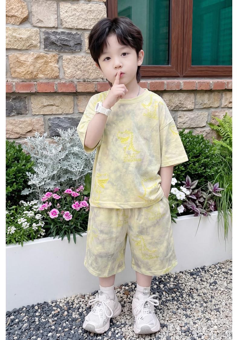 2026 Boys  Korean Style Tie-dye Dinosaur Print Short Sleeve & Shorts Set 140 cm