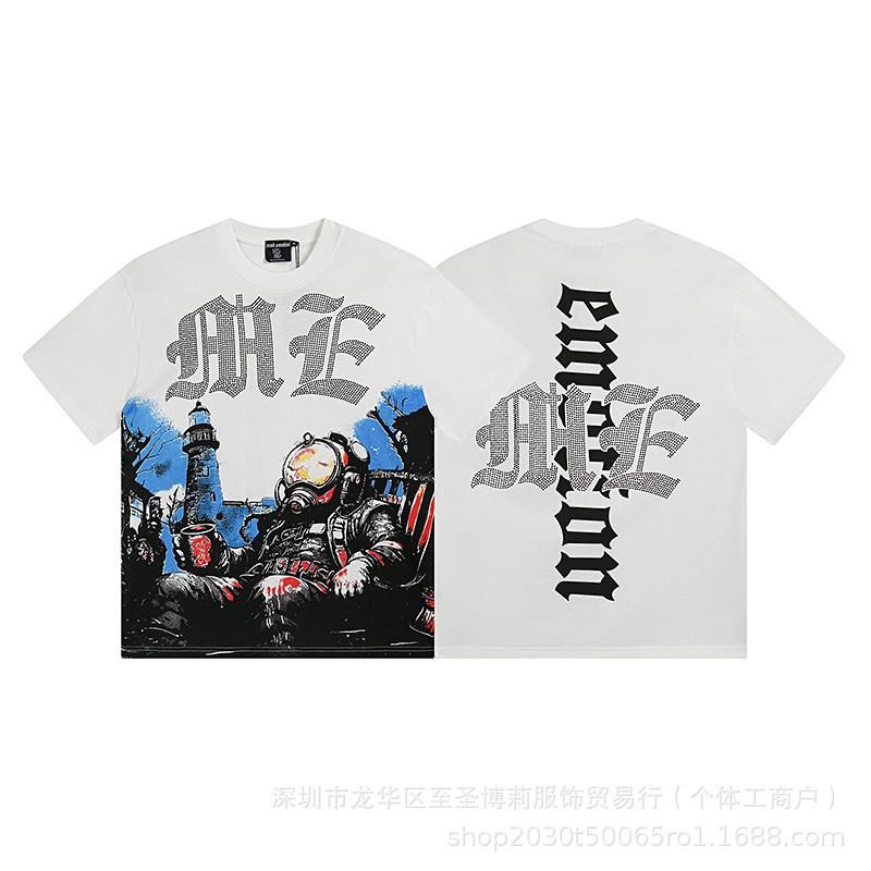 Unisex Vintage American Style Loose Fit Cotton Tee With Embellished Letter Print Round Neck Short Sleeve