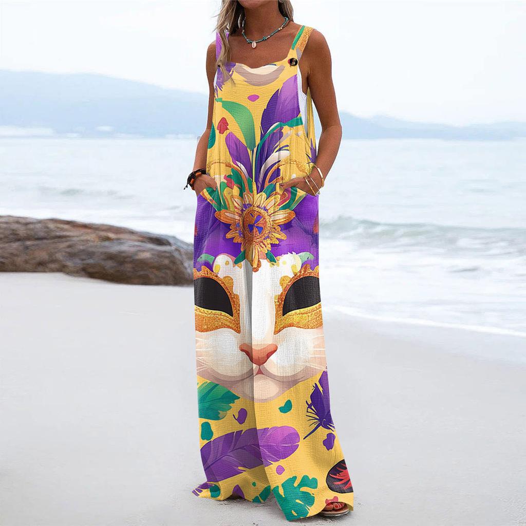 Wide Leg Overalls For Women Casual Loose Sleeveless Print Button Long Pant Romper Jumpsuit With Pockets