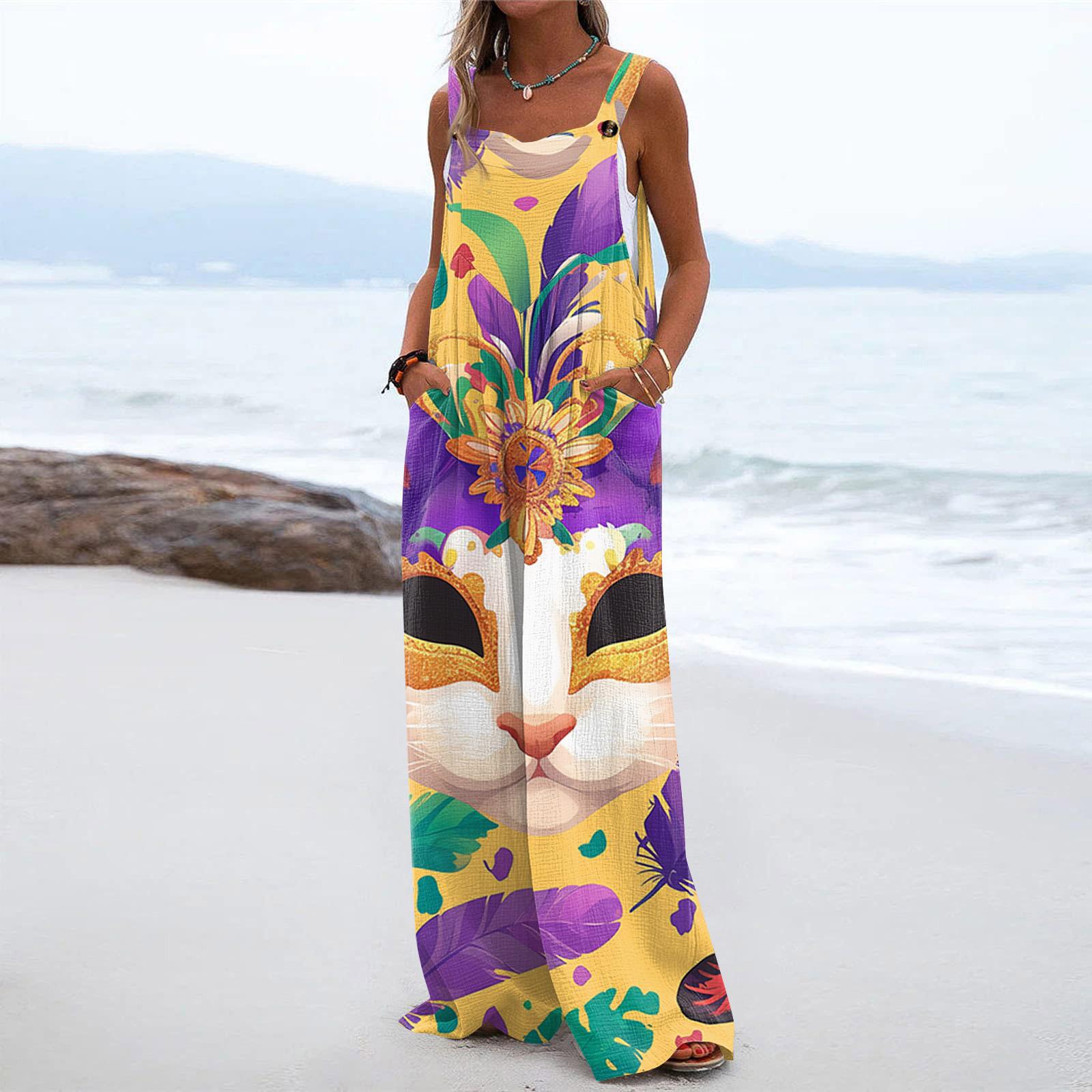 

Широкий комбинезон для женщин, повседневный свободный комбинезон без рукавов с принтом и пуговицами, длинные брюки, комбинезон с карманами XL жёлтый