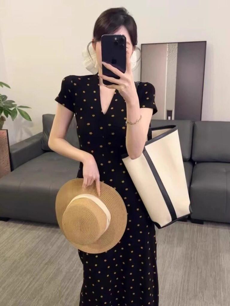 Elegant French-Style V-Neck Slim Fit Women's Summer Dress