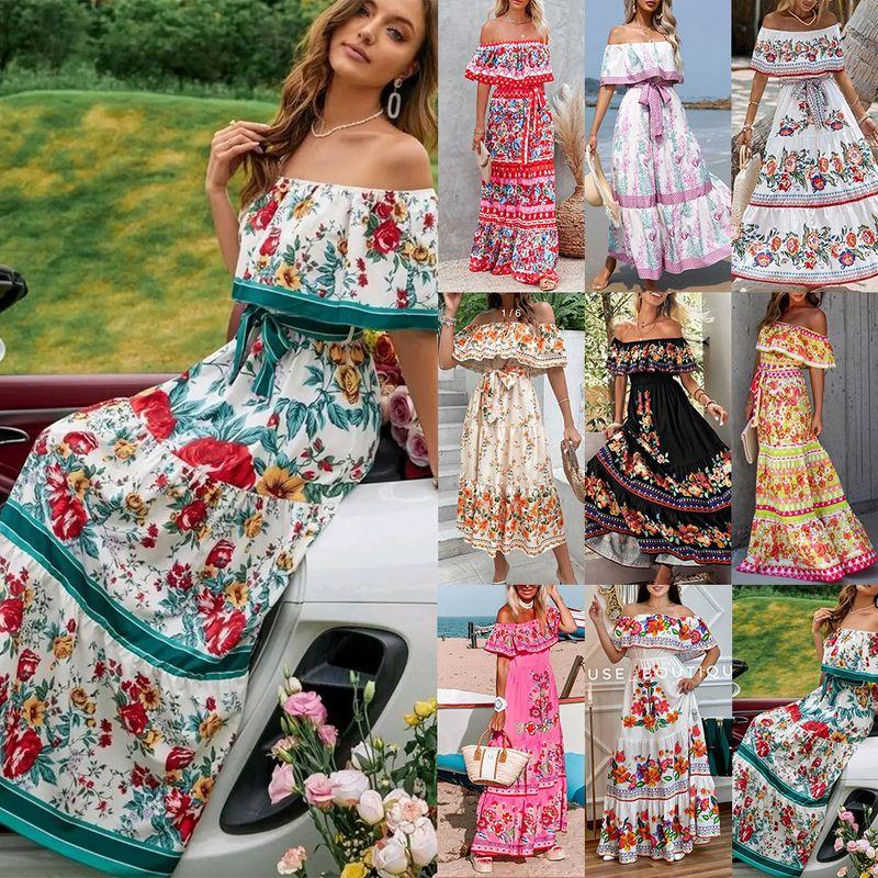 Dazzling Dress2025 European and American Spring Summer Women New off-Shoulder Print Long Big Hemline Dress