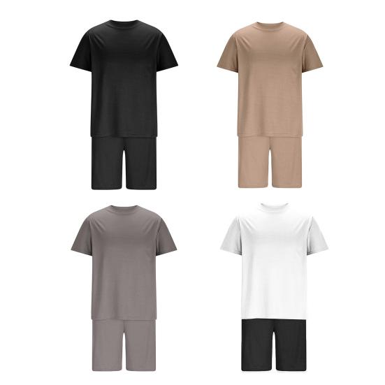 2Pcs/Set Men Sports Suit O-Neck Short Sleeve T-shirt Elastic Waist Wide Leg Shorts Set Solid Color Waffle Fabric Sportswear