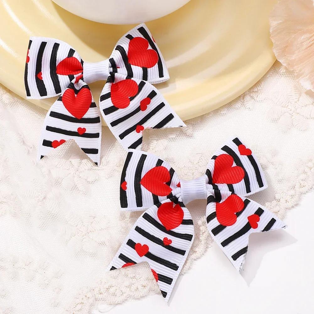 2Pcs/set 2.36''  Valentine's Day Printed Bow Hairclips for Girls Children Ribbon Hair Bows Clip Cheer Up Hair Accessories Gifts