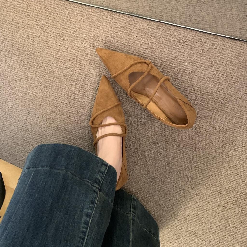 French Suede Pointed Cat Heel Light Mouth Single Shoes Women's Black Commuter Work Shoes Four Seasons Low Heel Mary Jane Shoes