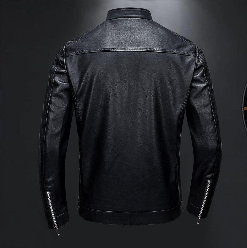 Men's Slim Fit Trendy Leather Motorcycle Jacket with Stand Collar and Plus Size Options