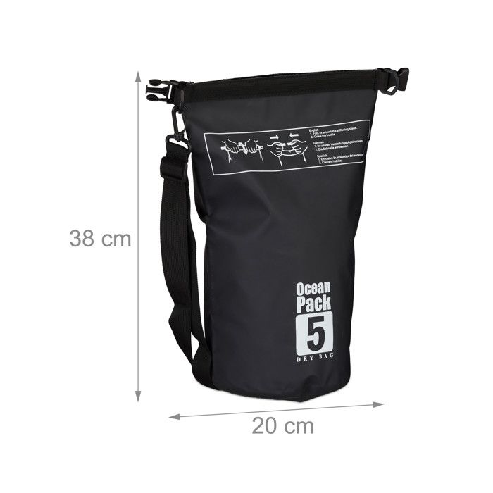 Relaxdays Sac étanche Ocean Pack 5 litres léger compact extérieur ski sport voile snowboard, noir