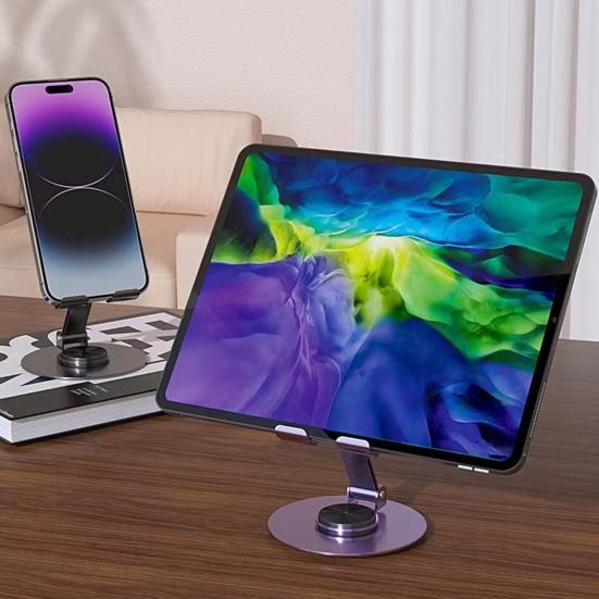 Metal Phone Stand, Foldable 720-degree Rotating Desktop Tablet Holder, Heavy Duty Universal Cradle with Charging Port