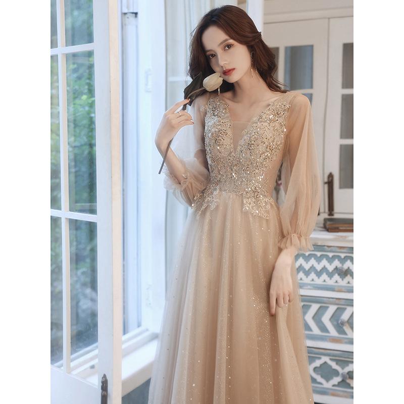Banquet evening dress, long sleeves, light luxury, niche art examination, graduation catwalk, performance clothes, fairy temperament, annual meeting