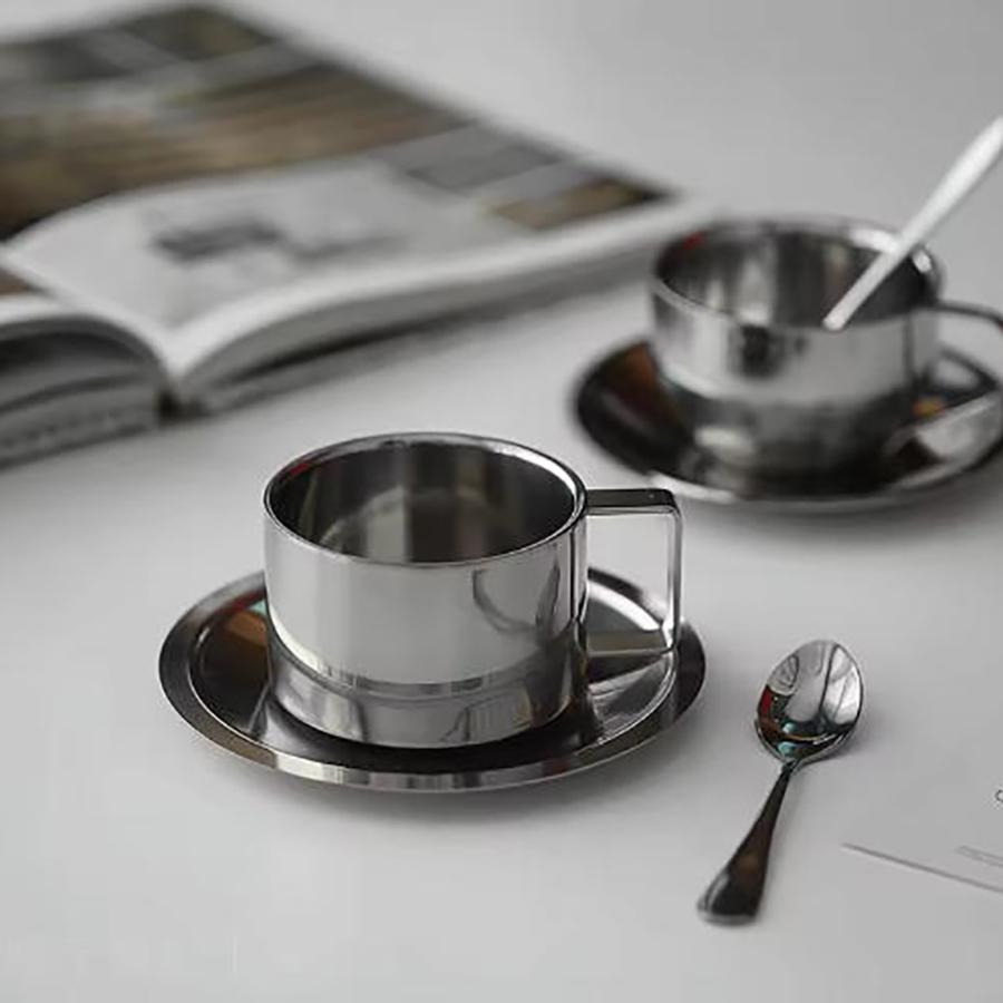 Stainless Steel Coffee Cup Set Double Walled Heat Resistant Coffee Mug with Spoon and Saucer Drink Tableware Kitchen Cafe Tools