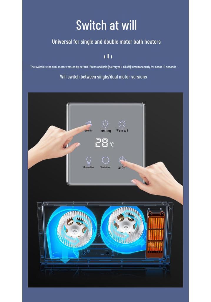 Smart Touch-Screen Bathroom Heater Switch, Flush-Mounted, Wireless Mijia App Compatible