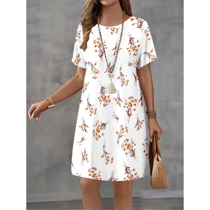 Women Elegant Temperament Dress Summer New Short Sleeved Dress Fashion New Flower Print Casual Retro Mini A-line Dress