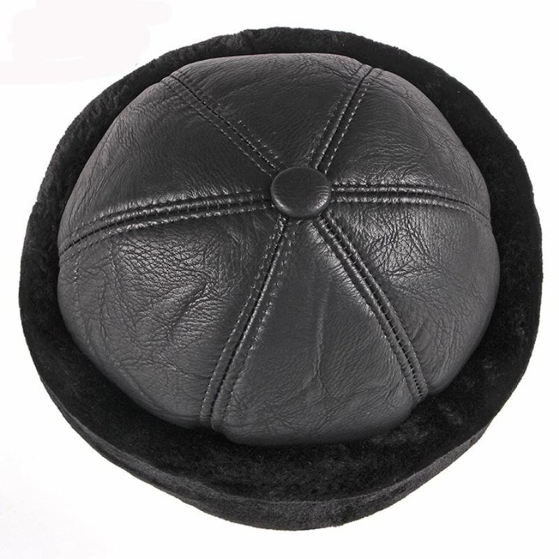 Dicke warme Wintermütze für Herren, schwarzes Fell, Leder, russische Mütze, männlich, winddicht, für Schnee, Ski, russische Mütze, mit Fleece gefüttert, Papa-Mütze