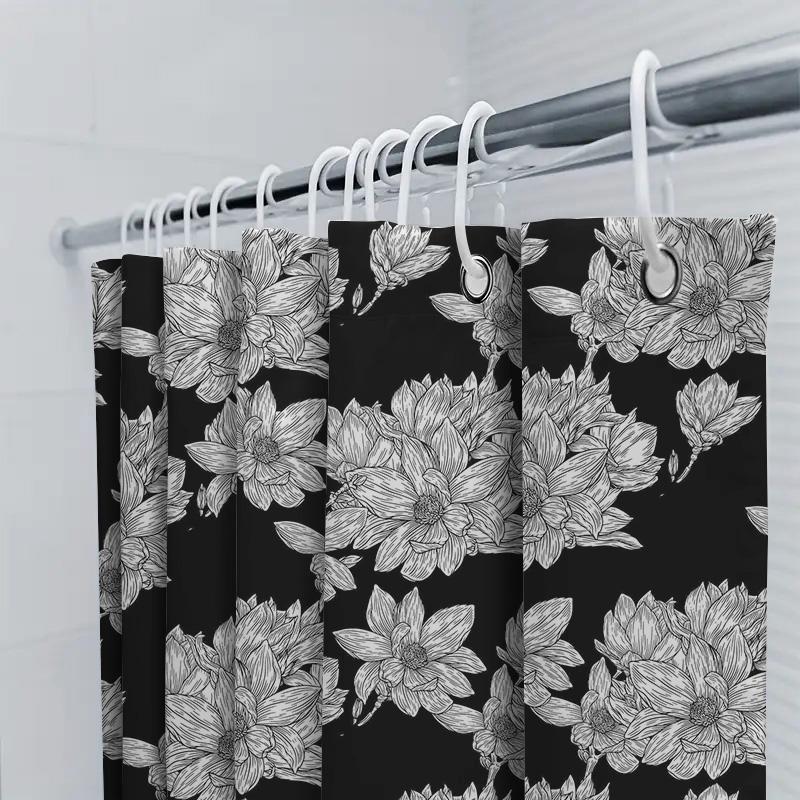 Black And White Floral Print Shower Curtain Bathroom Decor With Magnolia Flowers Pattern, 72 X 84 Inches For Home Use
