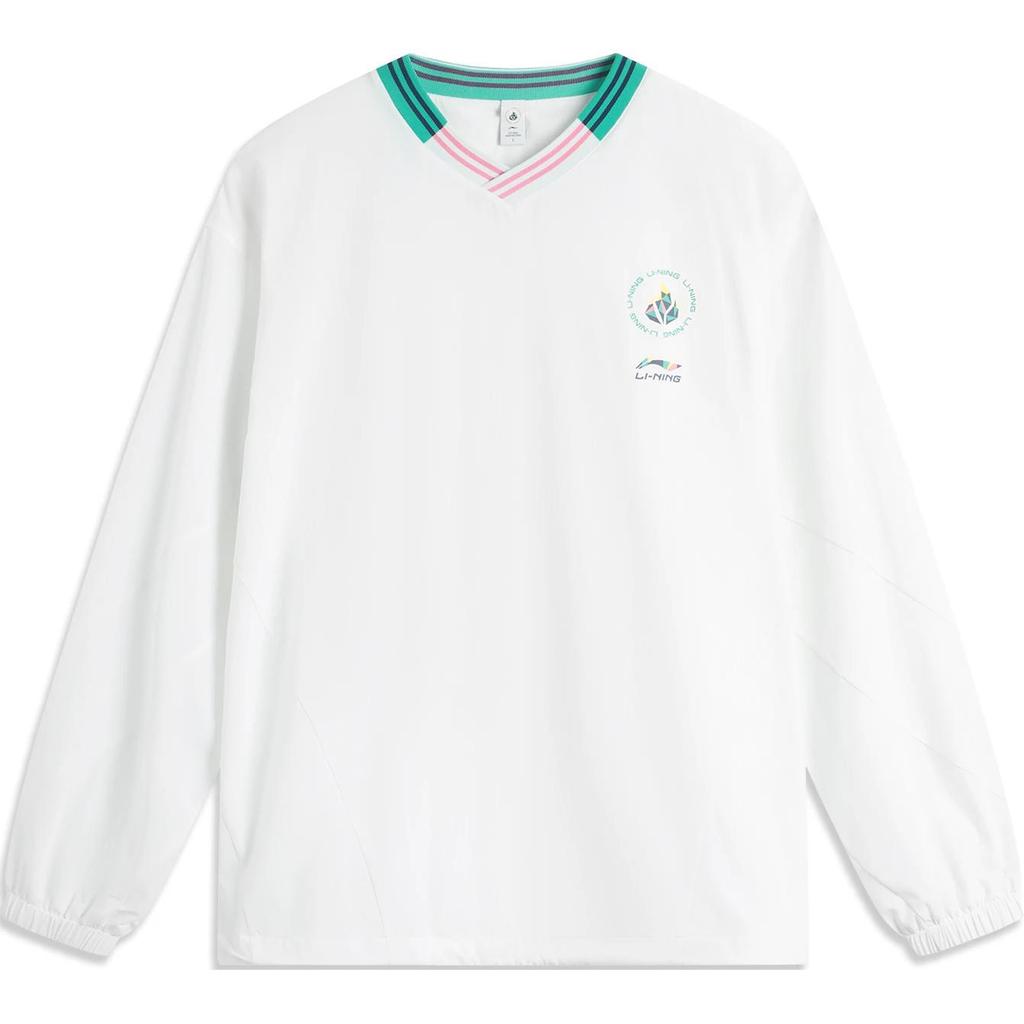 Li-Ning Striped Letter V-Neck Comfortable Breathable Long Sleeve T-Shirt Unisex Tops Standard-White AAEU019-3