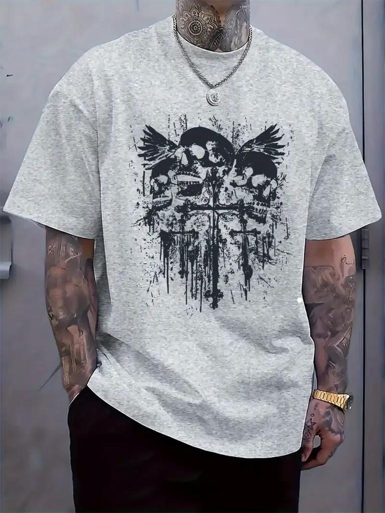 Summer Mens Tshirt 100 Cotton Skull and Wings Pattern Print Comfortable Short Sleeve American Trendy Fashion Style Loose