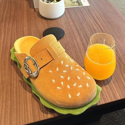 Gelbe Hamburger Hausschuhe Erwachsene Metallgürtelschnalle Weiche flache Oberbekleidung Dicksohlige lässige Strandsandalen Schuh für Damen