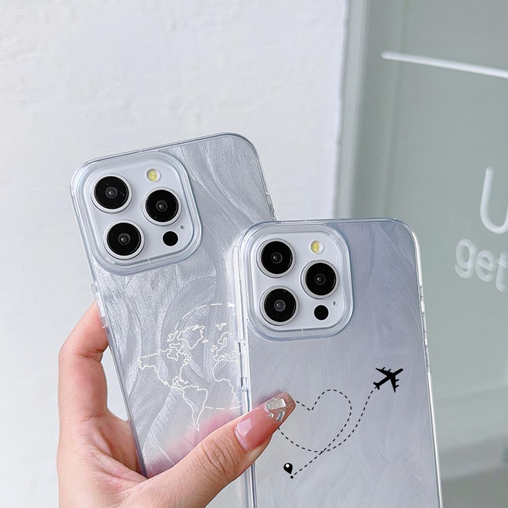 N67 Aircraft Trajectory Art Clear Frame Case for Samsung S25 A05 iPhone 16 13 Pro Max Xiaomi Redmi Note 13 Feather Chiffon Texture Silver Plated Cover