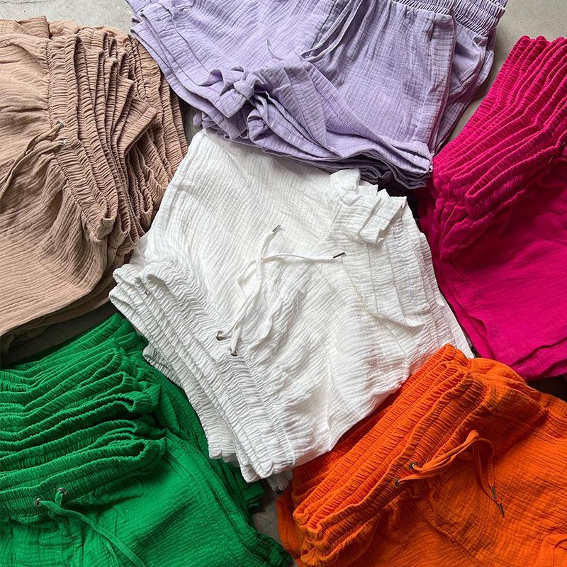 European and American Women's Plus Size Two-Piece Crinkled Set: Long Sleeve Turn-Down Collar Shirt & High Waist Drawstring Shorts.