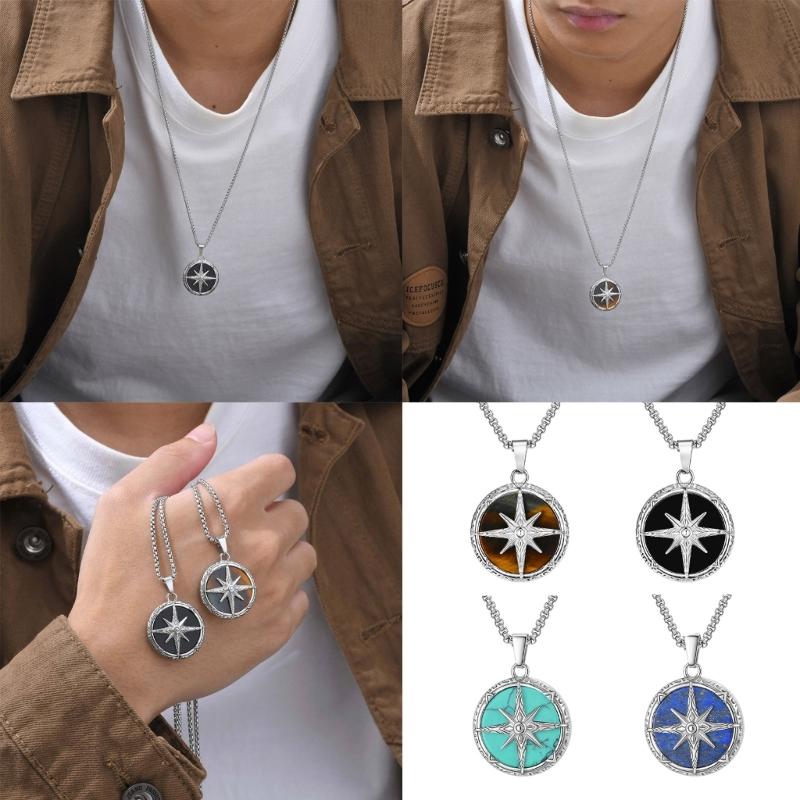 Adjustable Stainless Steel Compass Charm Necklace Men Spiritual Jewelry Chain Necklace for Birthday Valentines Day