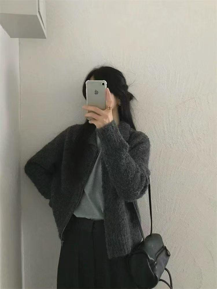 Korean lapel double zipper loop yarn knitted cardigan for women's autumn and winter new loose soft waxy sweater jacket for women