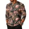 Men's Casual Raglan Sleeve Henley Shirt Three Quarter Sleeve Lightweight Breathable Top with Floral Graphic Print for Everyday Wear