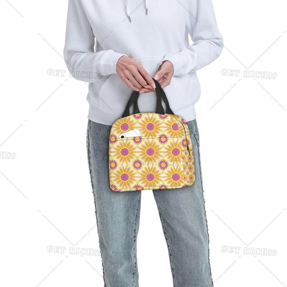 Orange and Yellow Flower Print Reusable Leakproof Lunch Box for Work Office Picnic Travel Portable Insulated Lunch Bag for Women