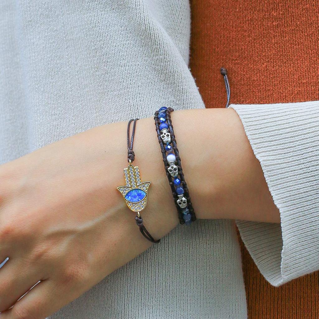 KELITCH Argento Teschio Glamour Cristallo Fascino Wrap Bracciale in Pelle Donna Moda