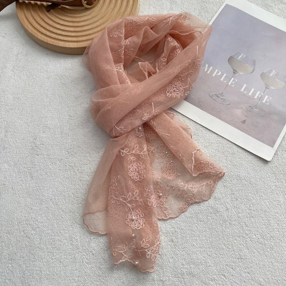Retro Lace Long Scarf Pearl Diamond-encrusted Small Flower Headscarf Tide Long Thin Headscarf Elegant Women розовый
