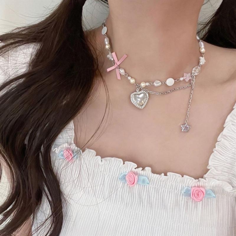 Vintage Goth Bowknot Heart Pendant Choker Clavicle Chain Necklace For Women Girl Punk Collar Aesthetic Y2K Jewelry Gift