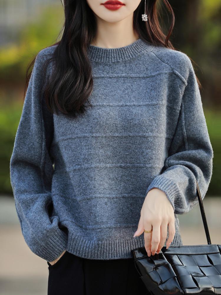 Women's Korean Style 100% Wool Round Neck Knit Sweater, Autumn/Winter Casual Loose Fit Base Layer Top