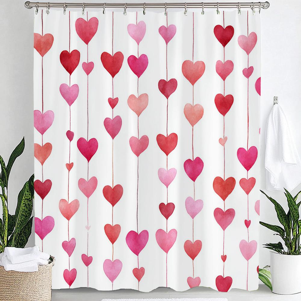 1Pc Heart Shaped Valentine S Day Shower Curtain - With Hooks Print Polyester Shower Curtain Bathroom Decoration Hanging Curtain