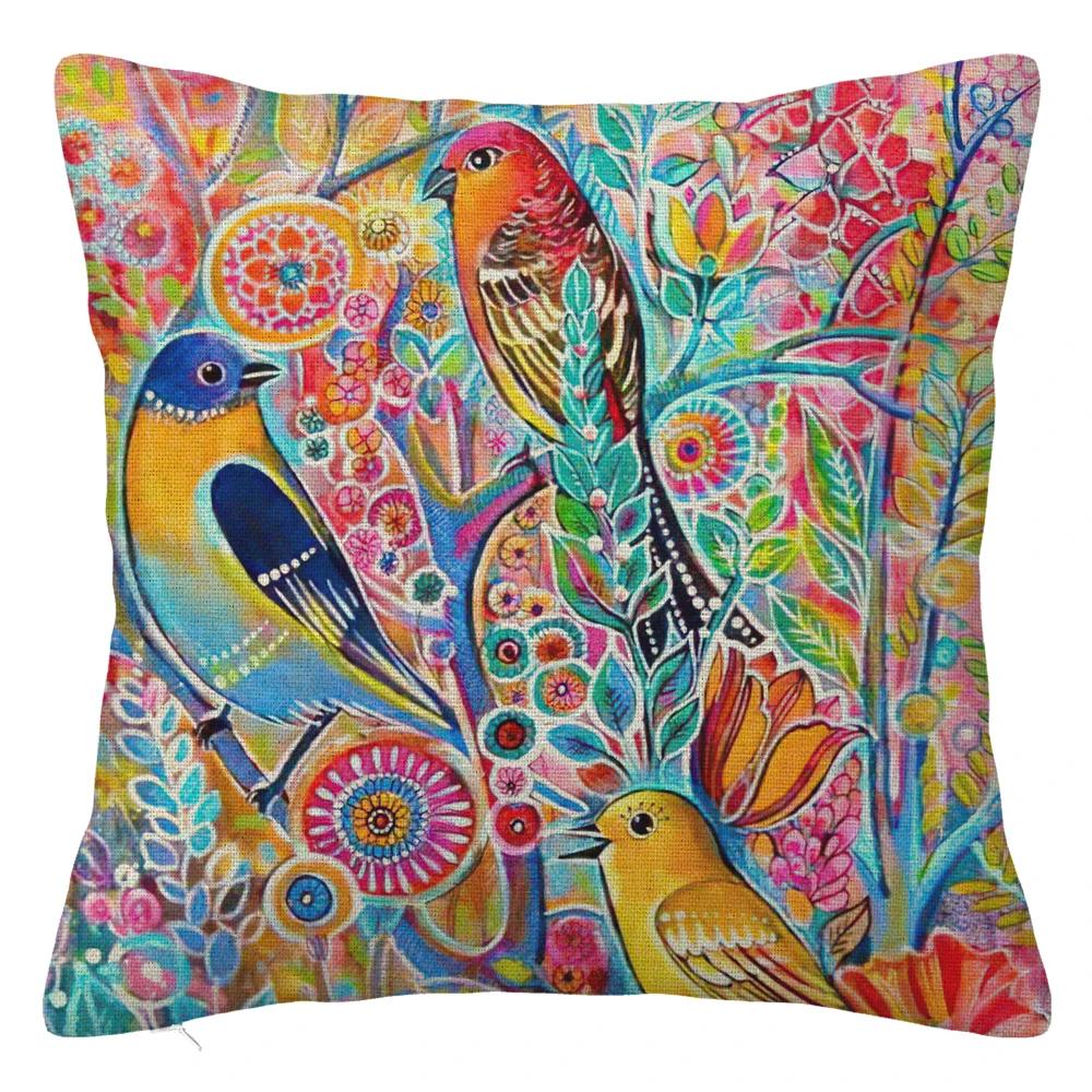Branch Bird Flower Linen Pillowcase Sofa Cushion Cover Home Decoration Can Be Customized for You 40x40 50x50 60x60 45x45