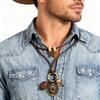 Western Styles Long Chain Necklace Artisanal Crafted Wax Cord Alloy Pendant Wooden Bead Accents Retro Fashion Accessory