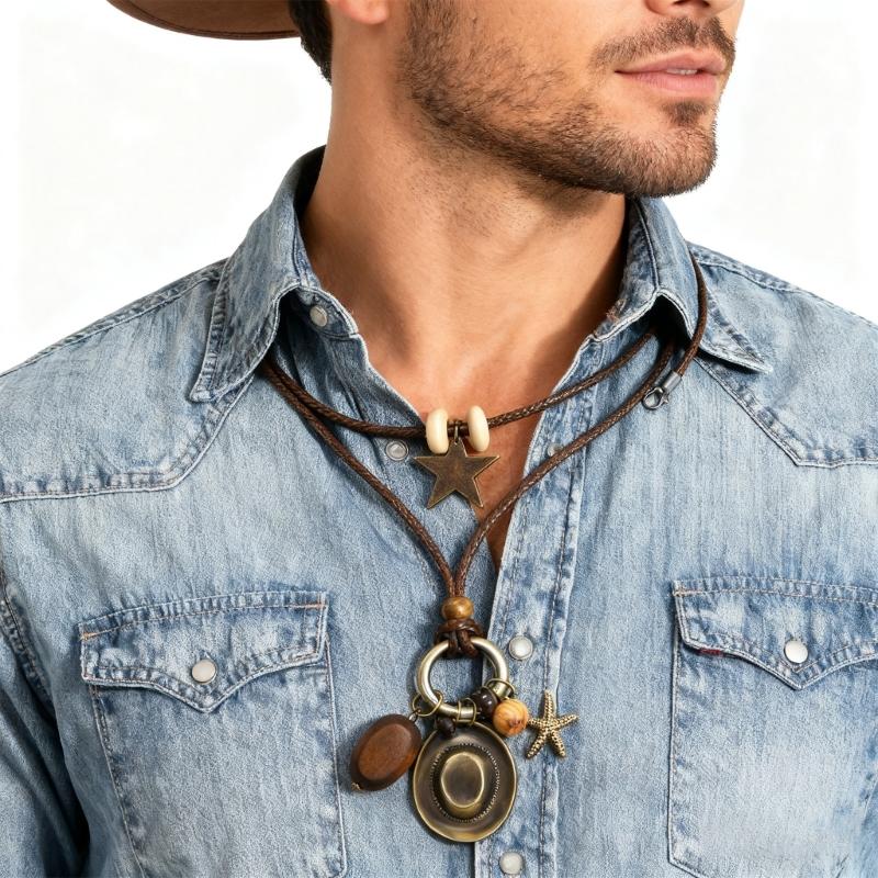 Western Styles Long Chain Necklace Artisanal Crafted Wax Cord Alloy Pendant Wooden Bead Accents Retro Fashion Accessory