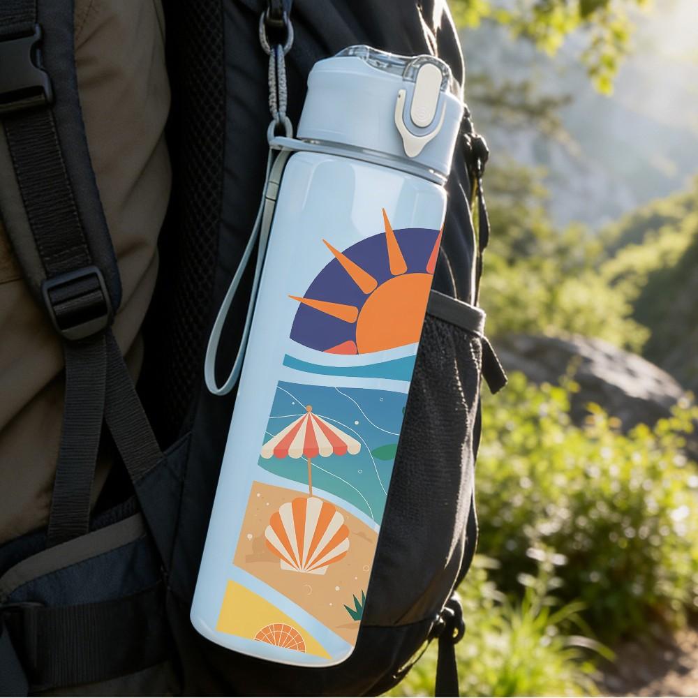 1PC Surfboard Sunset Tropical Beach Retro Print 750ml Color Plastic Sports Water Bottle Leakproof Flip Straw Lid Suitable for Sports Office Home Use