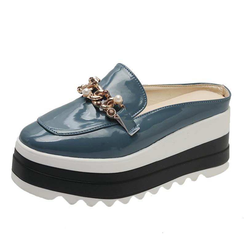 

Patent Leather Semi-Slip Women s Fashion Square Toe Deep Mouth Pearl Metal Rear Low Non-Slip Wear-Resistant Wedge 35 зелений