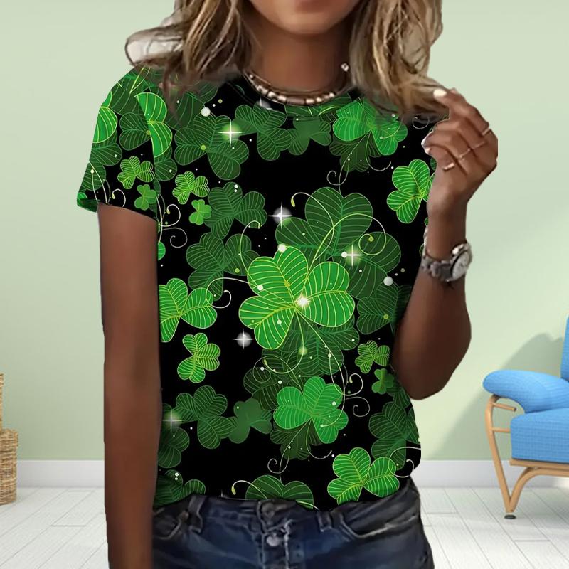 Fashion Women Lucky Clover Print T Shirt Funny Casual O-neck Short Sleeves T-shirt Summer Female Tee Shirt