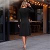 Women's Color V-Neck Long Sleeve Midi Dress with Crossed Waist Gathers