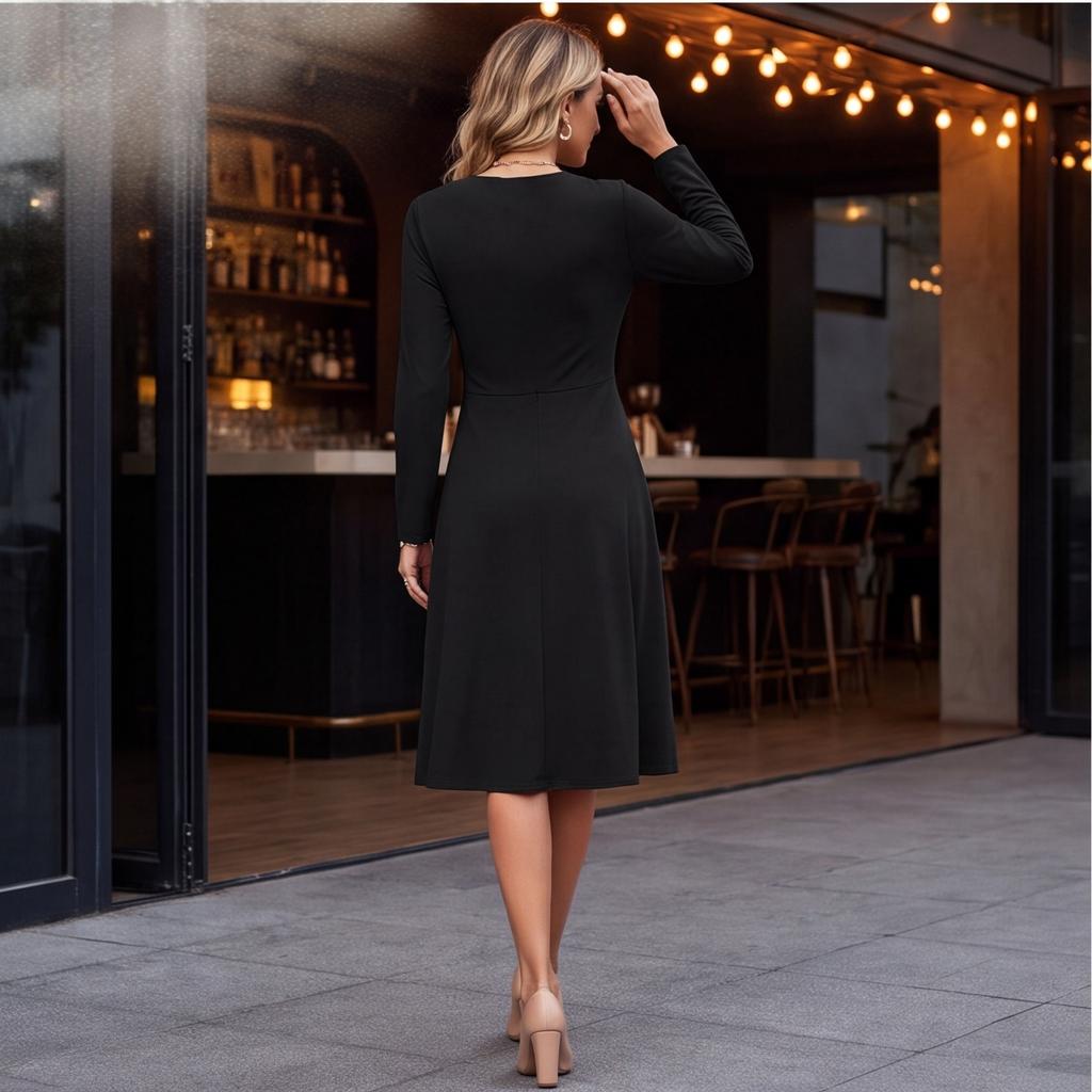 Women's Color V-Neck Long Sleeve Midi Dress with Crossed Waist Gathers