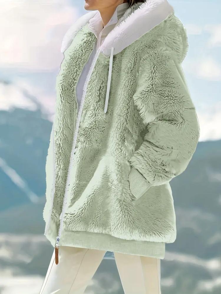 

Женская плюшевая куртка с капюшоном из искусственного меха - Свободное пальто в стиле колор-блок, Зимнее тепло с длинными рукавами, Женские зимние пальто, Машинная стирка 5XL зелёный