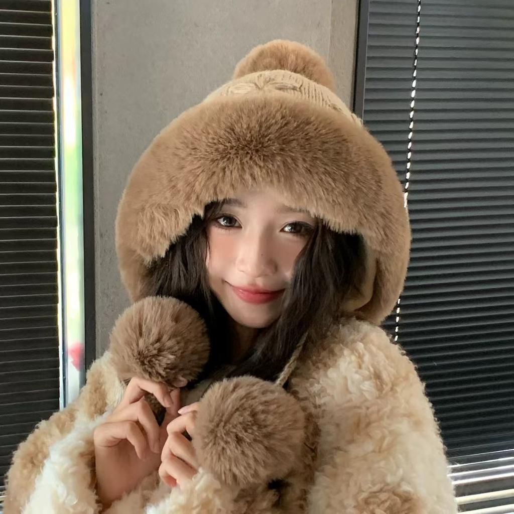 Plush Lei Feng Hat Women's Winter Plush Thickened Warm Ear Protection Riding Windproof and Cold-proof Wool Knitted Hat